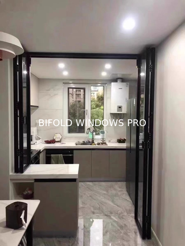 Fold up Black Aluminium Bifold Windows Double Glazed Glass Balcony Vertical Folding Window With Inside Grill